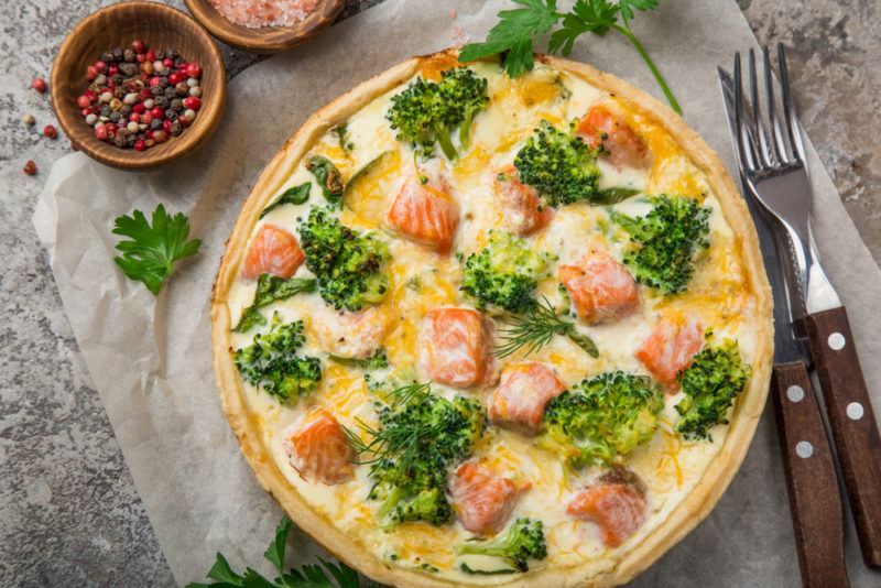 A broccoli and salmon quiche