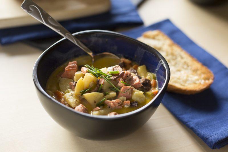 Quick & Hearty Salmon Chowder Detail Bowl Spoon Bread