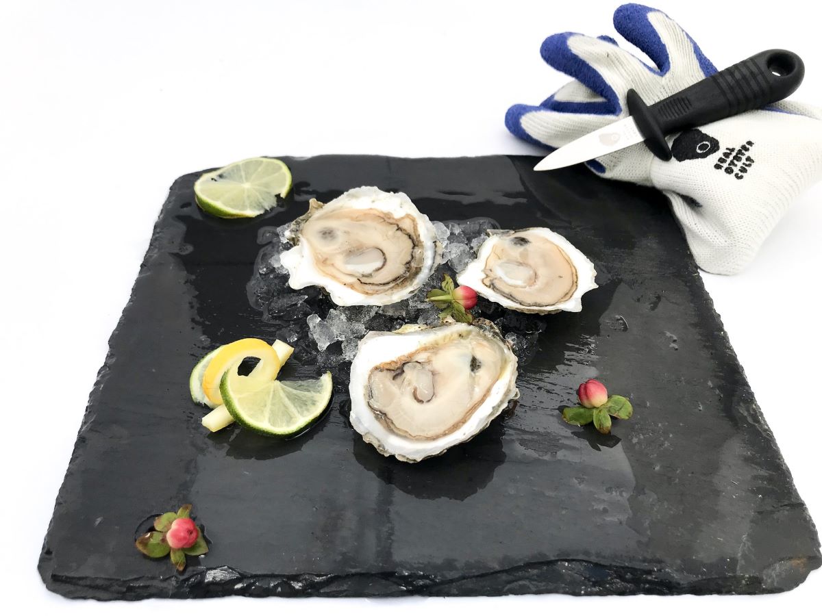 Black slate platter with crushed ice under three oysters on the half shell. in the upper right corner are shucking gloves and knife, and the platter is accented with slices of lemon and lime