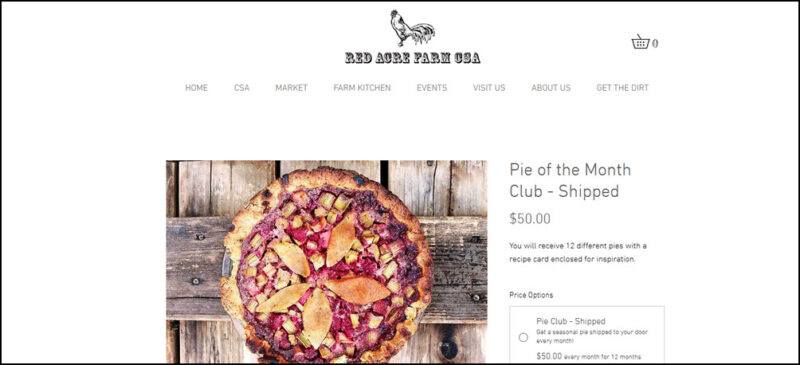 A website screenshot from Red Acre Farm, showing a red berry pie with pastry leaves on top