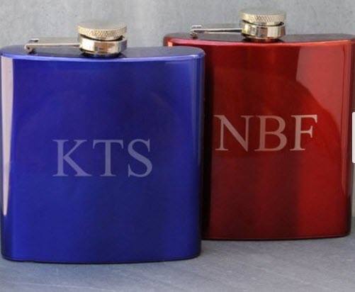 Red Or Blue Metallic Flasks | Food For Net Red and blue flasks with engraved letters.