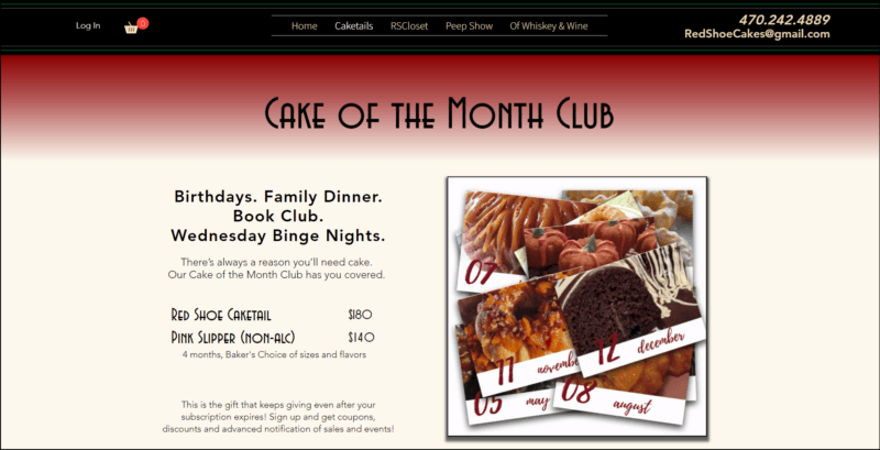 screenshot of Red Shoe Cakes Cake of the Month Club's web page with black header with the navigation menu and contact info, the gradient red main content area displays the details of the cake subscription accompanied with an image