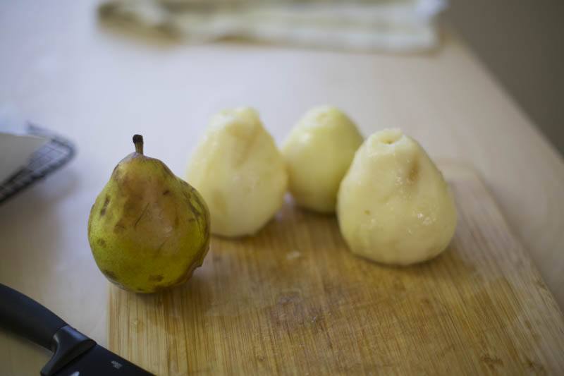 Meanwhile, peel and core the pears, toss with a little lemon juice if they have to wait