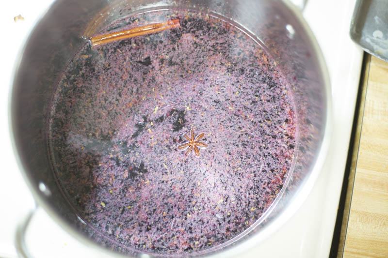 bring red wine, water, sugar, salt, lemon peel and juice, cinnamon sticks, star anise, and vanilla bean up to the boil