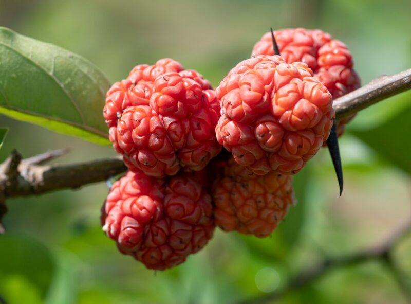 A vine with five red che fruits growing close together