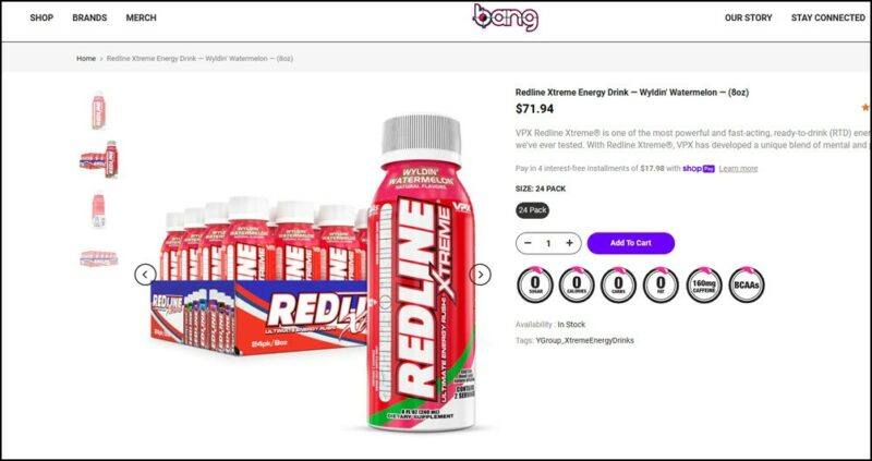 A selection of Redline Xtreme energy drinks with one close to the camera, on the Bang website