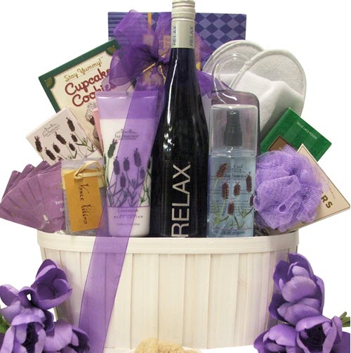 Relax Riesling. Wine and Spa Gift Basket | Food For Net Light basket with a lavender theme