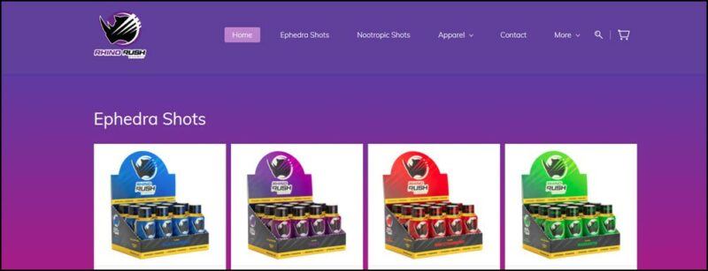 Four containers of Rhino Rush Shots on a purple website