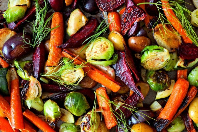 A sheet pan of roast vegetables