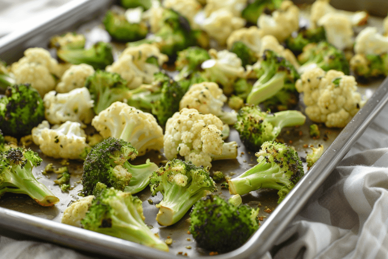 A large baking sheet with a selection of roasted broccoli and cauliflower