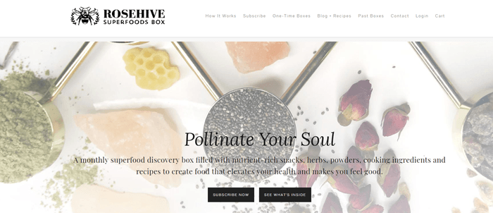 Rosehive Superfoods Box website screenshot showing background images of superfoods like matcha powder, rose hips and chia seeds. 