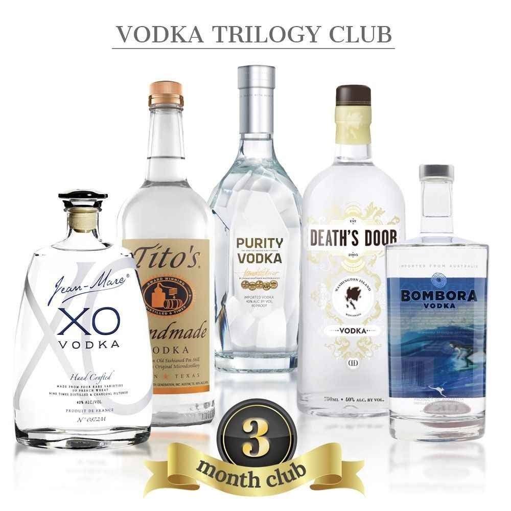 Vodka Trilogy Club Heading, featuring 5 bottles of vodka, from left to right Jean Mare XO, Titio's, Purity, Death's Door, and Bombora. Banner on bottom 