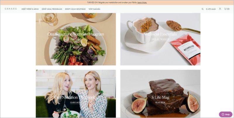 screenshot of Sakara homepage with peach announcement bar at the top, pale grey header with the main navigation menu and website's name, and 4 rectangular images