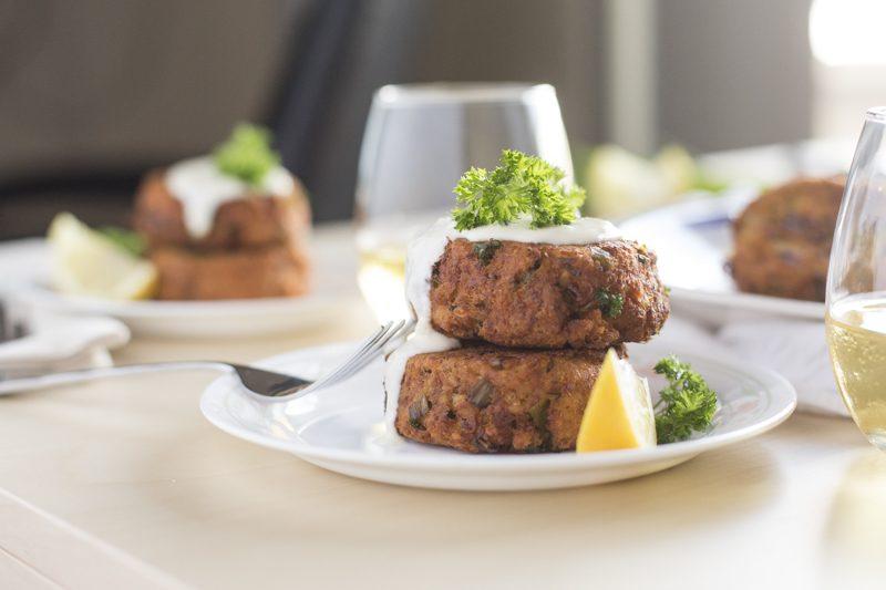 Salmon Cakes Low Angle Lemon Aioli White Wine