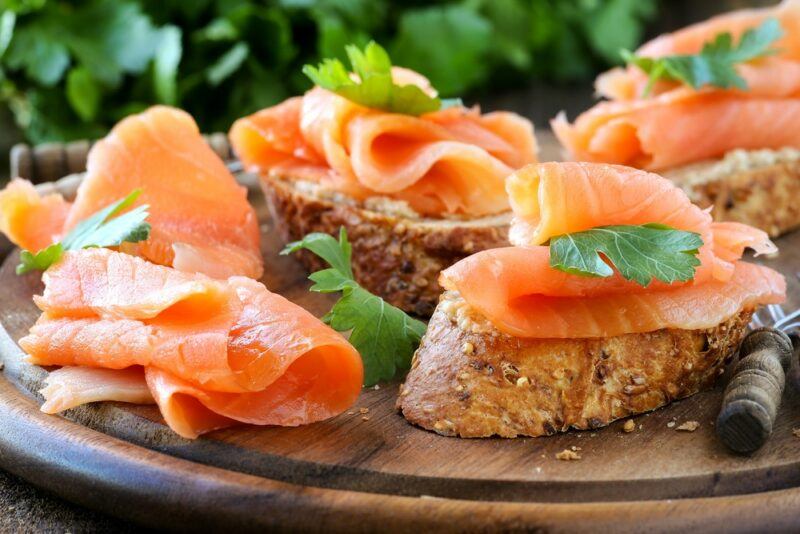 Pieces of toast with salmon