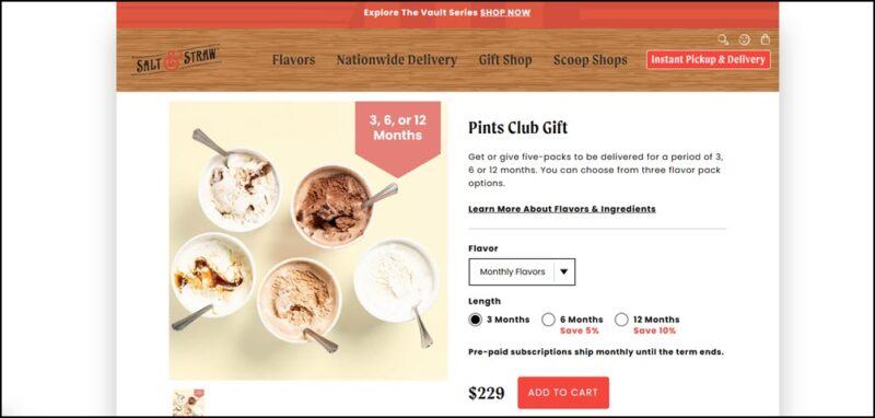 screenshot of Salt & Straw Seasonal Flavors Pints Club's web page, with red announcement bar on top followed by the brown header bearing the website's name and main navigation menu, the main content area shows the details of the ice cream subscription accompanied by a close up image of different ice cream flavors