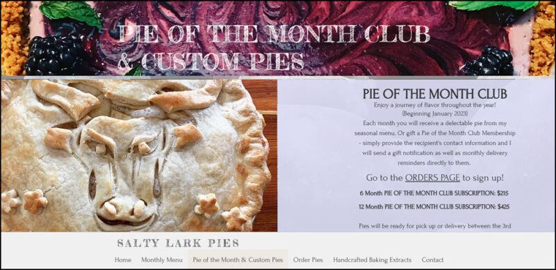 A website screenshot from Salty Lark Pies Club, showing a pie with the image of a bull on top