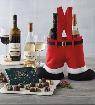 Santa Pants Wine Gift | Food For Net Pair of red pants with 2 bottles of wine and chocolates