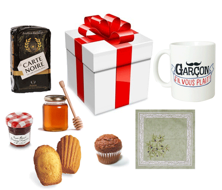 Selection of images of stylized French food and a box