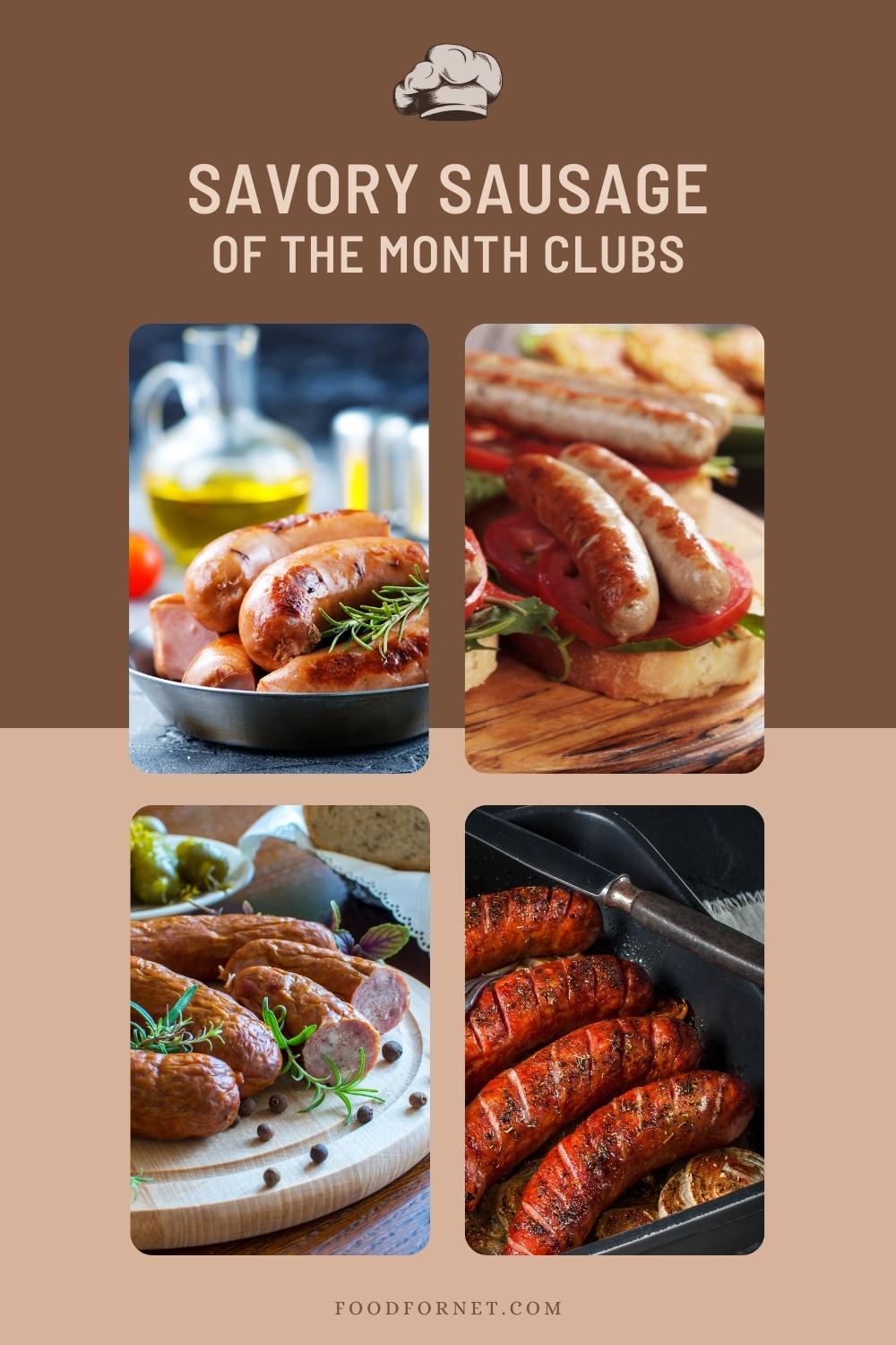 photo collage of different sausages on two-toned brown background with text on top "Savory Sausage of the Month Clubs"