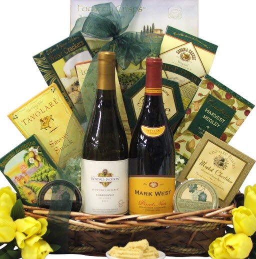 Savory Selections Wine & Cheese | Food For Net Basket with 2 bottles of wine and a selection of snacks