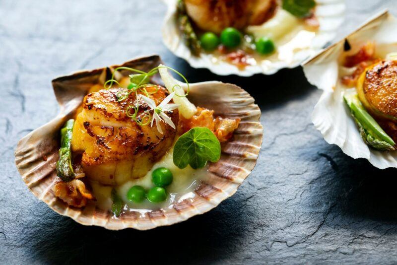 Shells with raw scallops, peas, and sauce