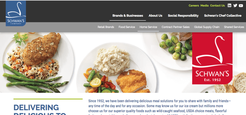 Schwann's website screenshot showing various meals including chicken with rice and asparagus