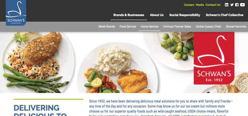 Schwan's website screenshot showing two types of chicken meals, along with vegetables, rice and potatoes