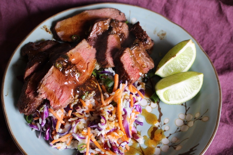 Seared Steak over Coconut-Lime Rice with Szechuan Sauce