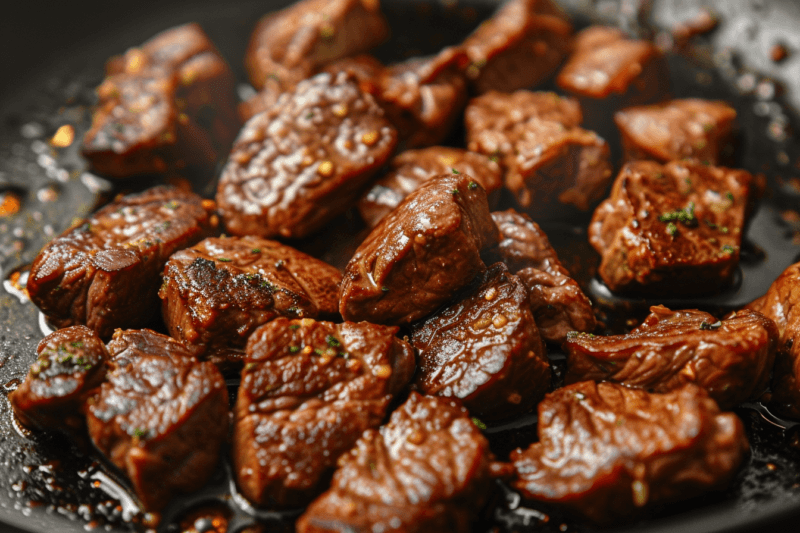 A collection of seasoned beef bites in a frypan, each cooked to perfection