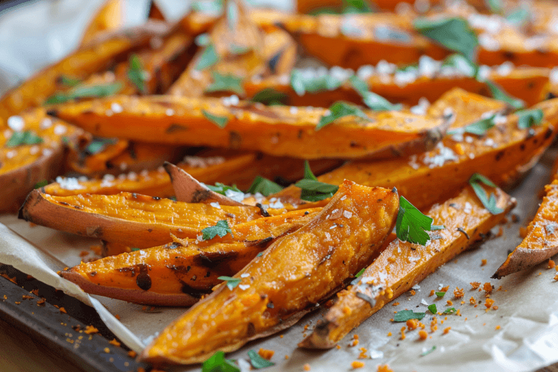 A pan with seasoned sweet potato fries, with herbs and salt.