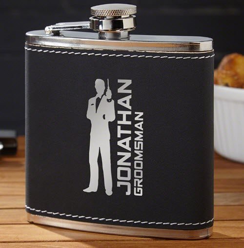 Secret-Agent-Flask | Food For Net Black leather flask with silver text and a spy image