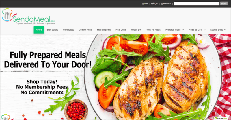 screenshot of Send a Meal's web page with the website's name on top followed by the main navigation menu, underneath is an image of a beautifully plated chicken dinner with text overlay