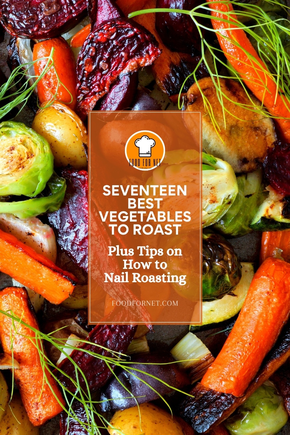 Best Vegetables to Roast. top view image of roasted vegetables with text overlay "Seventeen Best Vegetables to Roast Plus Tips on How to Nail Roasting"