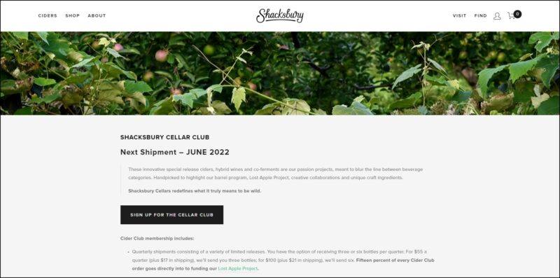 screenshot of Shacksbury Cider Club's web page, mainly white page with the website's name/logo on top along with the main menu followed by an image header and then the details of the cider club subscription.