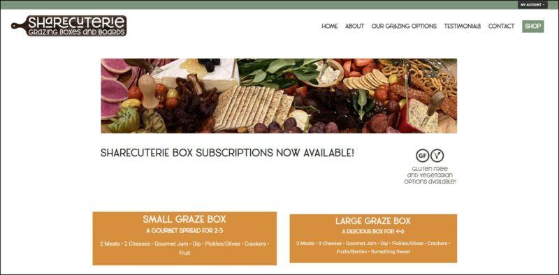 screenshot of Sharecuterie Box Subscriptions' web page with dominantly white page with green thin bar at the top followed by the header bearing the website's log and main menu, the page also has an image banner along with the details  of the subscription plans