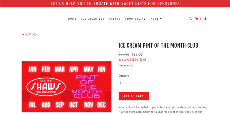 screenshot of Shaws Ice Cream Pint of the Month Club's web page, dominantly white with red announcement bar on top followed by the main navigation menu, the main content area shows the details of the pint of the club subscription accompanied by an image of the red membership card with the company's logo