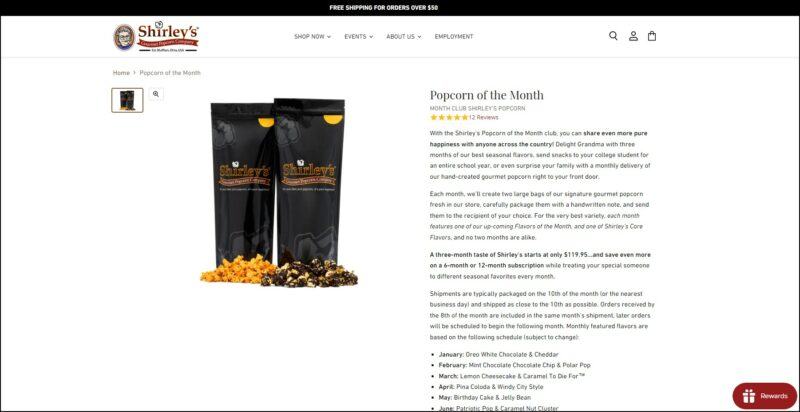 screenshot of Shirley's Popcorn of the Month's web page, dominantly white with the website's name on top, followed by the main menu, the page is showing the details of the subscription accompanied by an image of Shirley's popcorn in black pouches