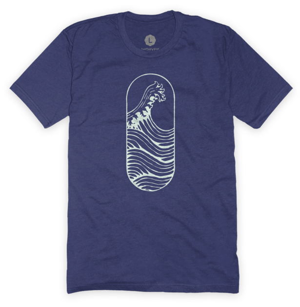 A blue shirt from Wohven with a stylized wave design, against a white background