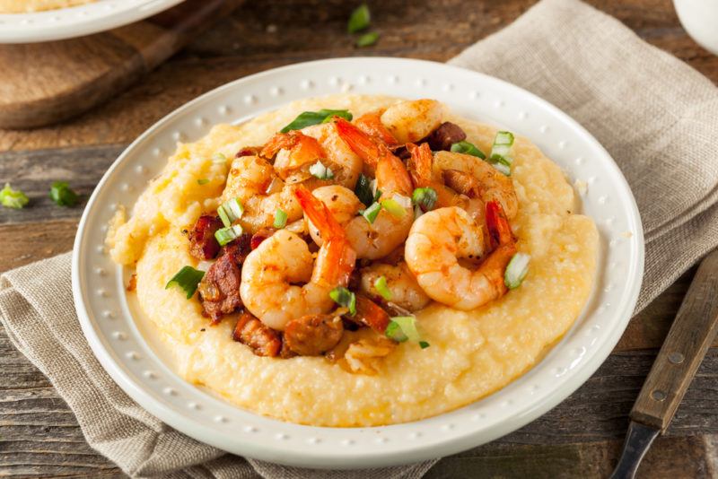 A bowl of shrimp and grits