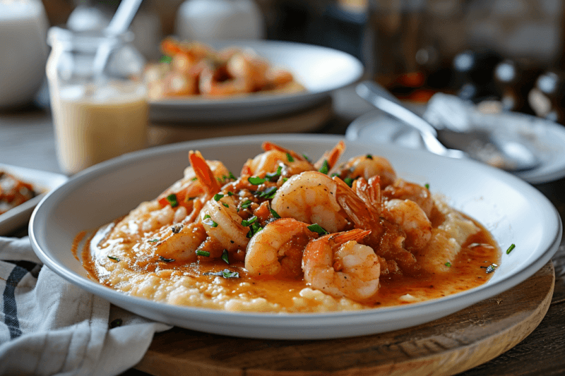 A large white plate containing grits and fresh shrim, with a jar of sauce and another plate of food in the background