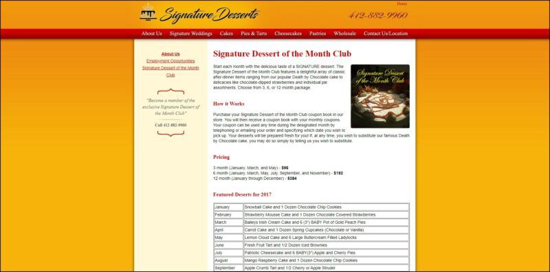 screenshot of Signature Dessert of the Month Club's web page, yellow gold background with the website's name on top, red banner bearing the main menu, and a dominantly white block in the middle detailing the information of the subscription