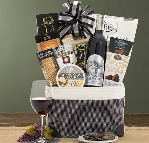 Silver Oak Cabernet Wine Basket | Food For Net Gray bag with wine and chocolate