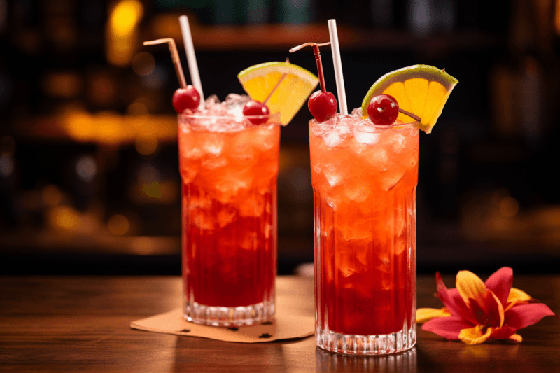 Two glasses containing a Singapore sling cocktail, garnished with citrus wedges, cherries, and a straw