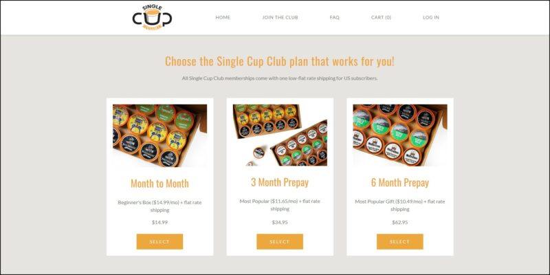 screenshot of Single Cup Club's web page, dominantly gray page with a white header bearing the website's logo and main menu, the page mainly displays the details of the different coffee club subscription plans accompanied by respective images