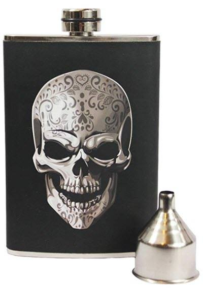 Skull Wrapped Flask | Food For Net Black leather flask with a silver skull.