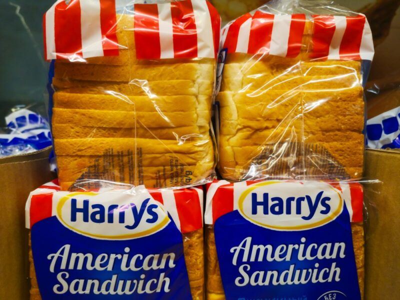 Plastic wrapped loaves of American bread from the Harry's brand