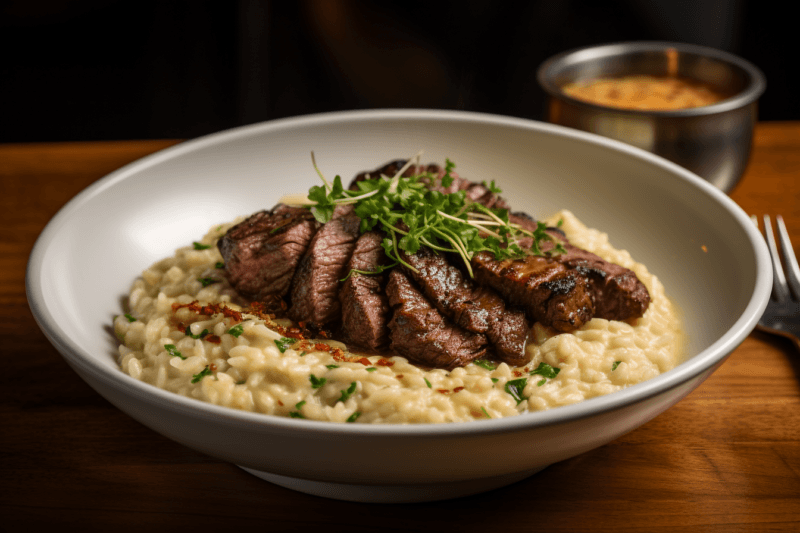 A large white dish that contains risotto and sliced steak