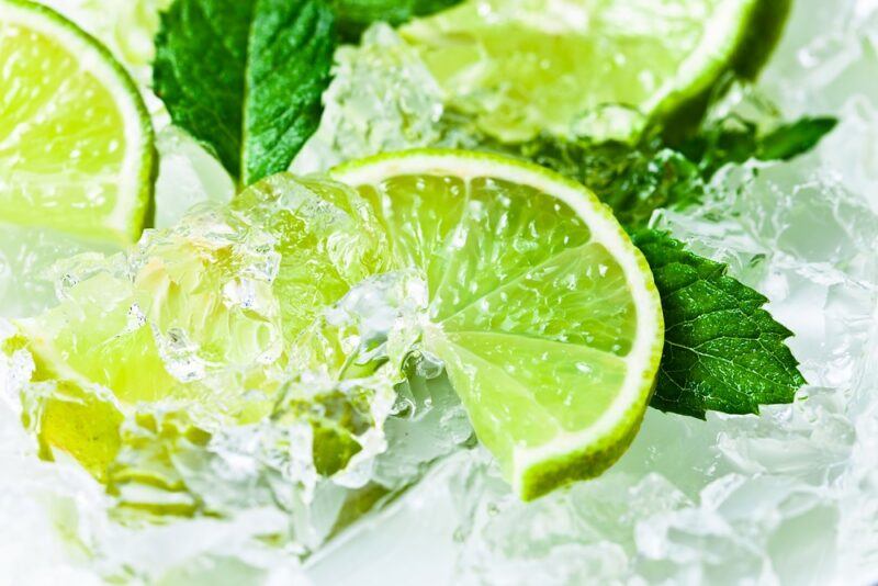 Lime slices and some lime or mint leaves on ice