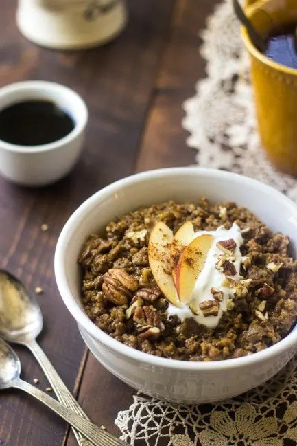 A large bowl of slow cooker oatmeal with chai apple flavoring